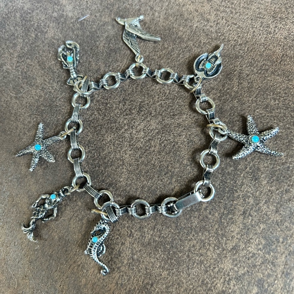Vintage Silver & Turquoise Beach Charm Bracelet - Picture 5 of 13